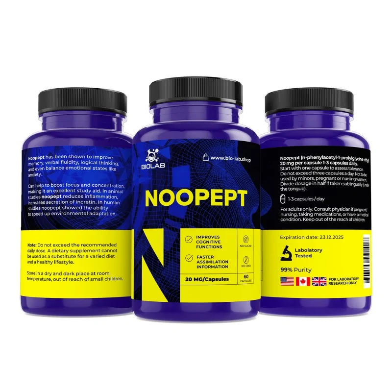 Noopept 20 mg Biolab to silny nootropowy peptyd wspierający pamięć, koncentrację i regenerację mózgu. Dzięki wysokiej skuteczności i szybkiemu działaniu, idealny wybór dla osób chcących poprawić funkcje poznawcze. Noopept 20 mg Biolab — nootropowy peptyd na pamięć, koncentrację i neuroregenerację