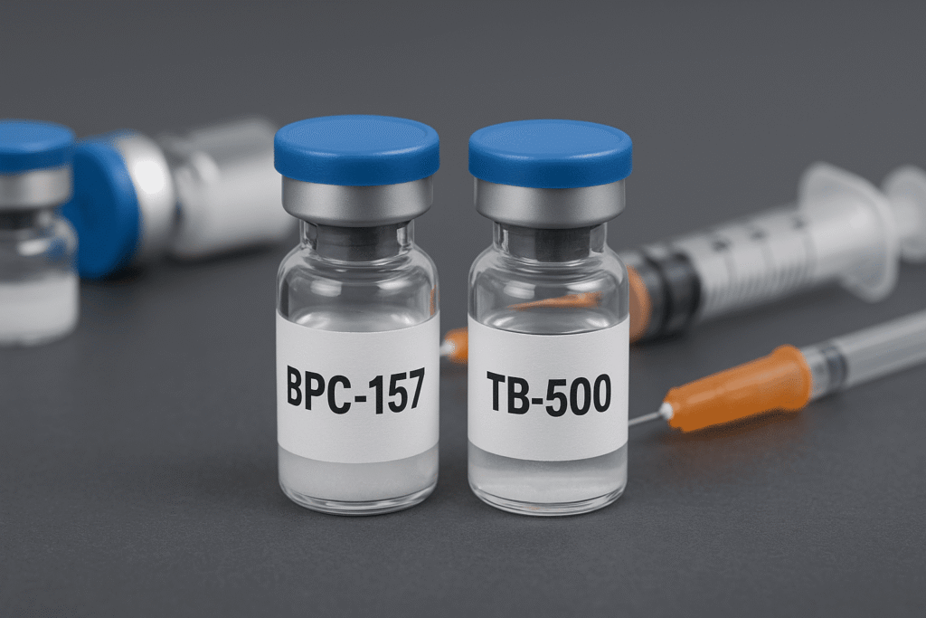 Szklane fiolki BPC-157 i TB-500, peptydy na regenerację mięśni i stawów, stosowane w sporcie i medycynie regeneracyjnej