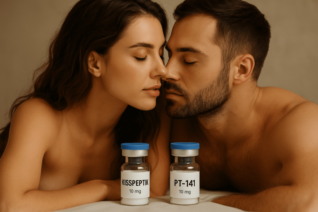 Para w intymnym uścisku z fiolkami peptydów Kisspeptin i PT-141 symbolizującymi wsparcie dla libido i zdrowia seksualnego