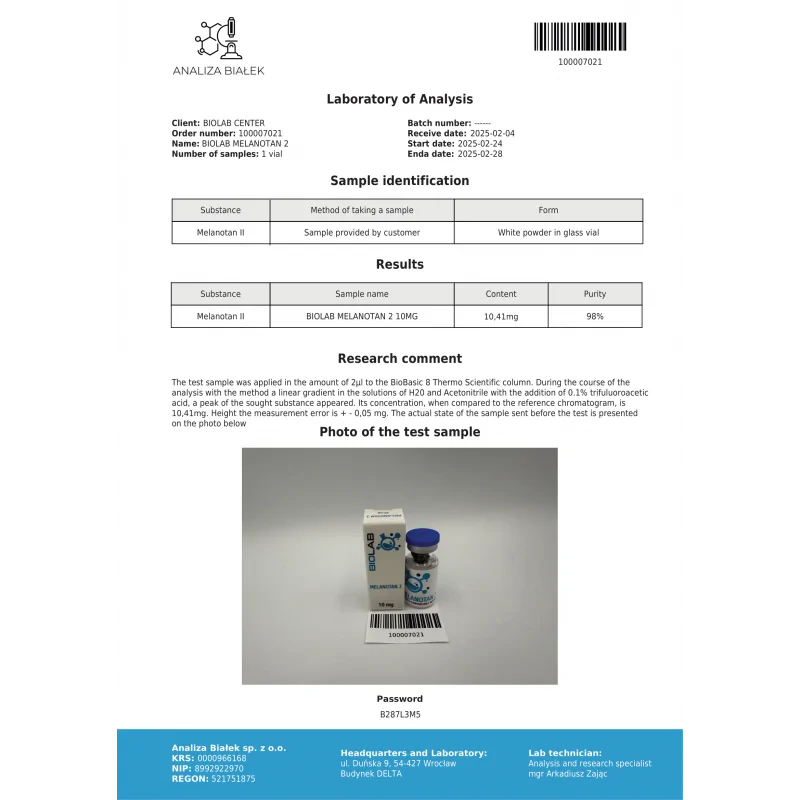 Certyfikat jakości Melanotan II Spray Opalający 10 mg Biolab – analiza laboratoryjna i potwierdzona czystość