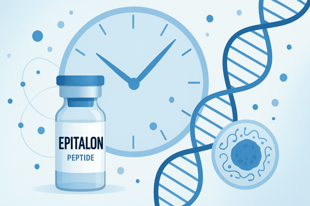 Epitalon peptyd na długowieczność i regenerację komórek – ilustracja z zegarem, DNA i komórką