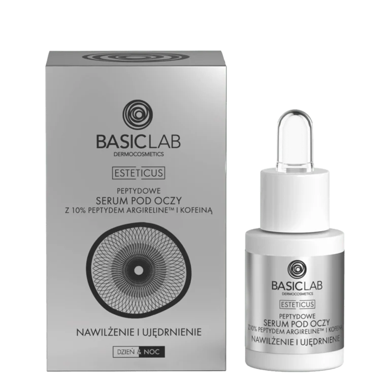 Peptydowe serum pod oczy BasicLab Esteticus z 10% peptydem Argireline™ i kofeiną – nawilżające i ujędrniające serum przeciw zmarszczkom, dostępne w Peptid.pl