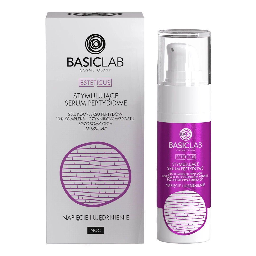 BasicLab Esteticus Stymulujące Serum Peptydowe 25% to zaawansowany dermokosmetyk na noc z 25% kompleksem peptydów, 10% kompleksu czynników wzrostu, egzosomami CICA i mikroigłami, które pobudzają procesy regeneracyjne skóry. Serum skutecznie ujędrnia, wygładza i zwiększa napięcie skóry, przeciwdziałając oznakom starzenia. Idealne dla cery dojrzałej, pozbawionej sprężystości. Odkryj skuteczność profesjonalnej pielęgnacji peptydowej na Peptid.pl. BasicLab Esteticus Stymulujące Serum Peptydowe z 25% kompleksem peptydów i 10% czynników wzrostu – regeneracja i ujędrnienie skóry. Dostępne na Peptid.pl
