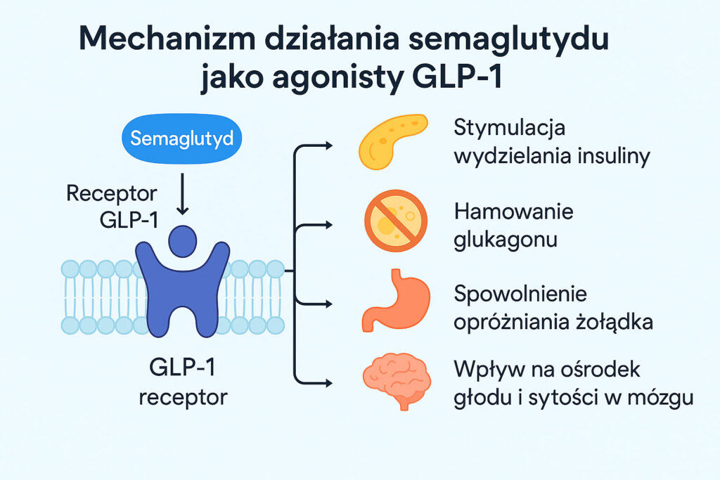 Schemat działania semaglutydu jako agonisty GLP-1 – mechanizm regulacji glukozy i apetytu