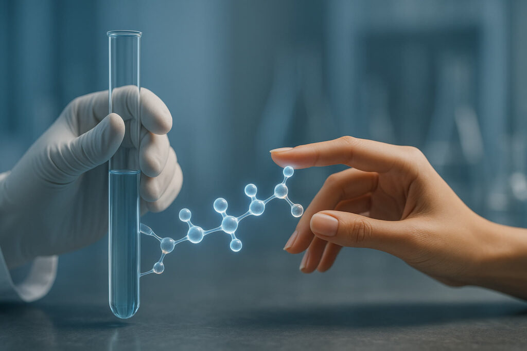 Ręka w rękawiczce laboratoryjnej z probówką i zadbana dłoń połączone świetlistą strukturą peptydów