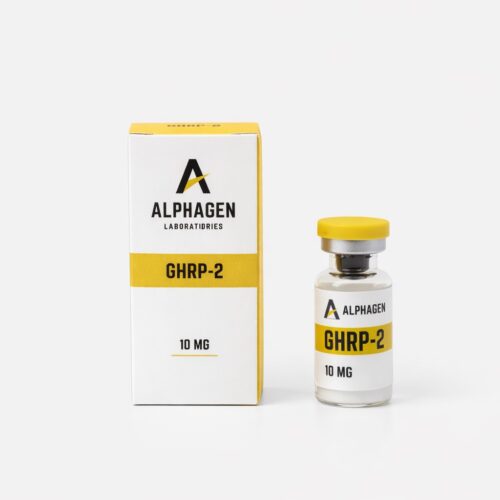 Zestaw Alphagen GHRP-2 10mg – fiolka z liofilizatem i opakowanie peptydu na regenerację mięśni
