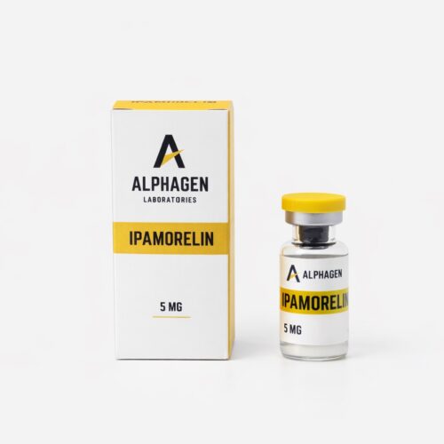 Zestaw Alphagen Ipamorelin 5mg – fiolka z liofilizatem i opakowanie peptydu na masę mięśniową i regenerację.