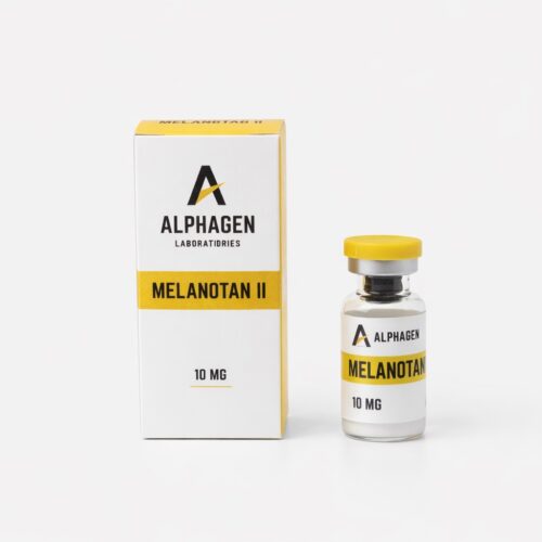 Zestaw Alphagen Melanotan II 10mg – fiolka z liofilizatem i opakowanie peptydów badanych pod kątem właściwości opalających.
