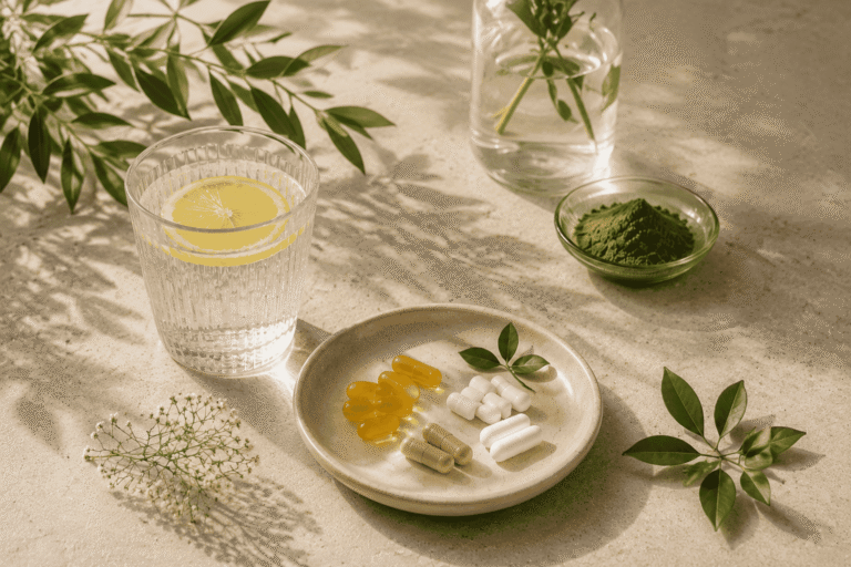 Suplementy anti-aging i longevity wspierające zdrowy styl życia, kapsułki oraz naturalne składniki na tle wellness